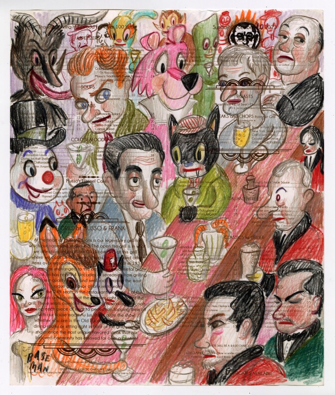 A group of characters, including what looks like Bambi and Frosty the Snowman are drawn onto a menu for Musso and Frank's