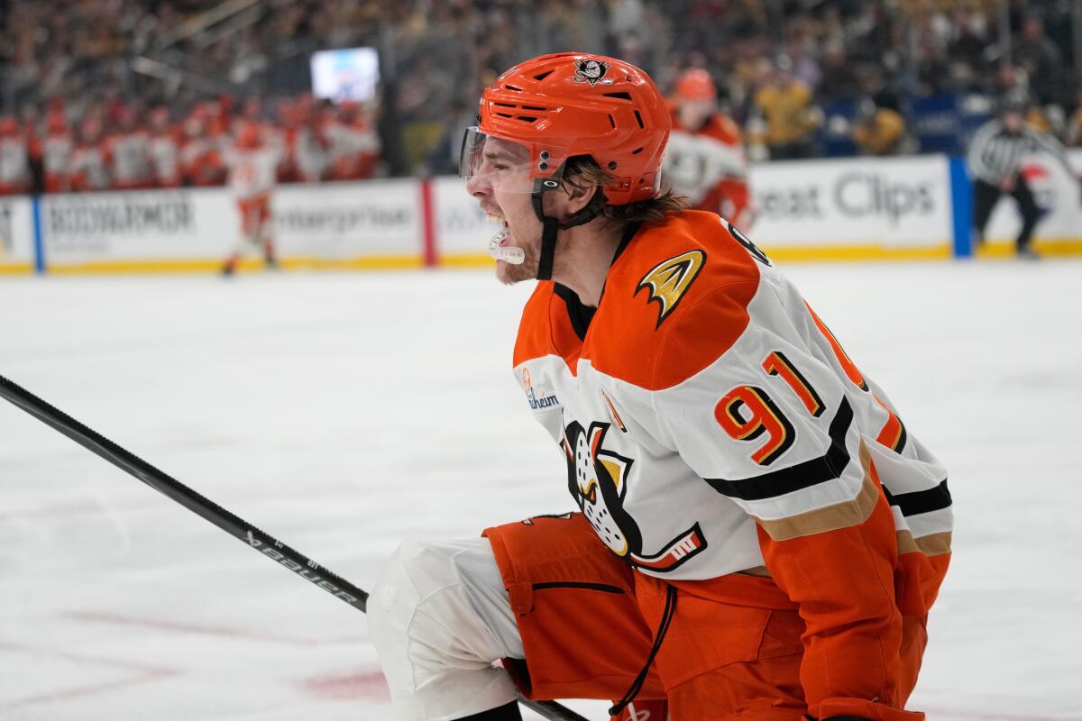 Anaheim Ducks center Leo Carlsson (91) celebrates after scoring.