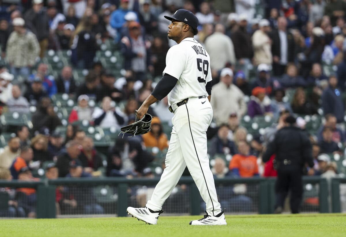 Detroit pitcher Framber Valdez walks to the clubhouse after being ejected against the Boston Red Sox.