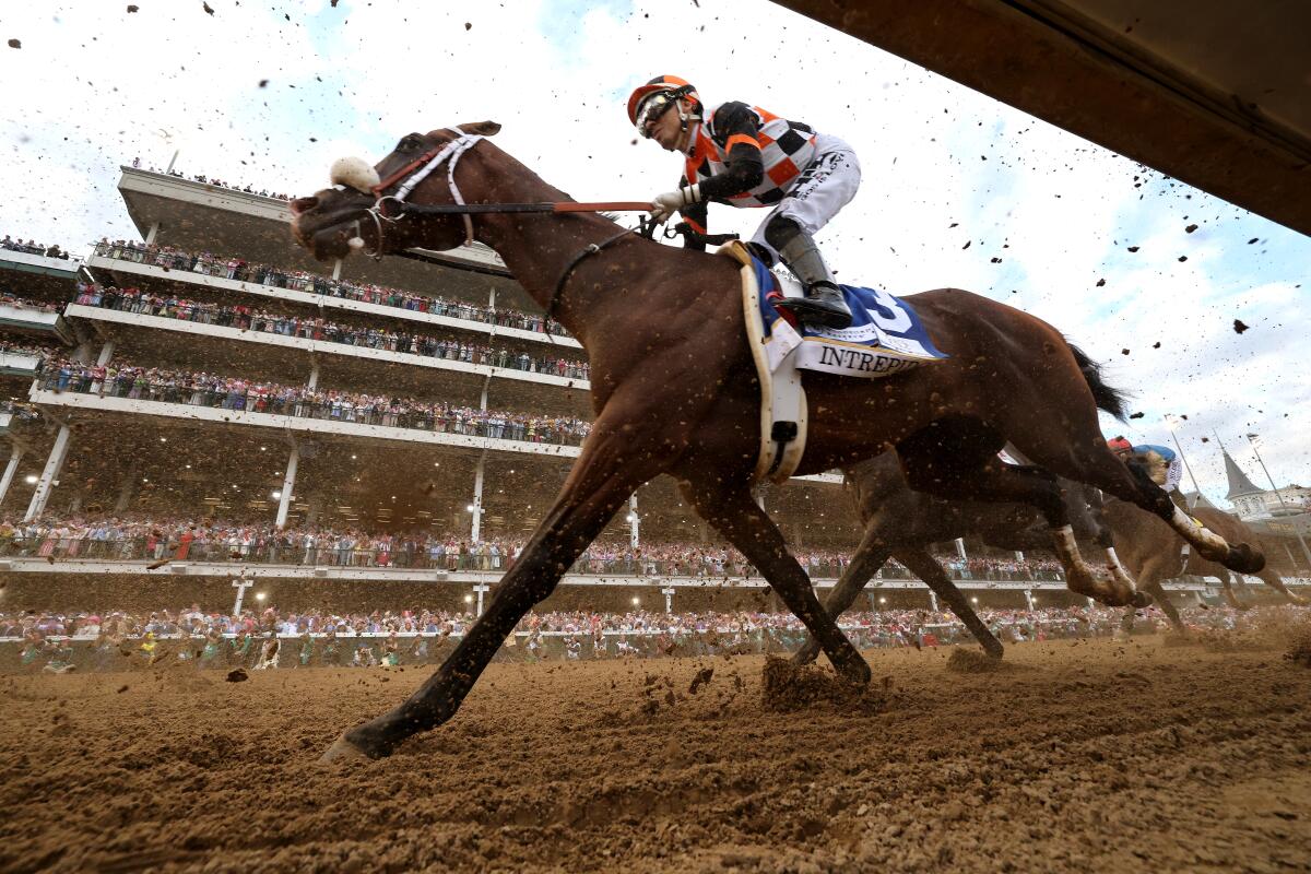 Golden Tempo, ridden by jockey Jose Ortiz, runs during the Kentucky Derby on Saturday at Churchill Downs.
