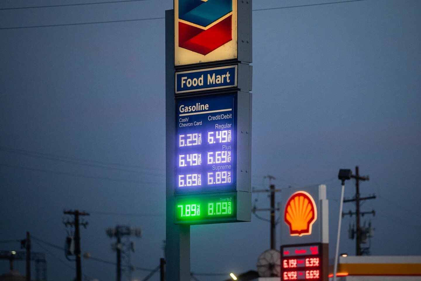 Gas prices on display at a station in Bakersfield on April 15, 2026.