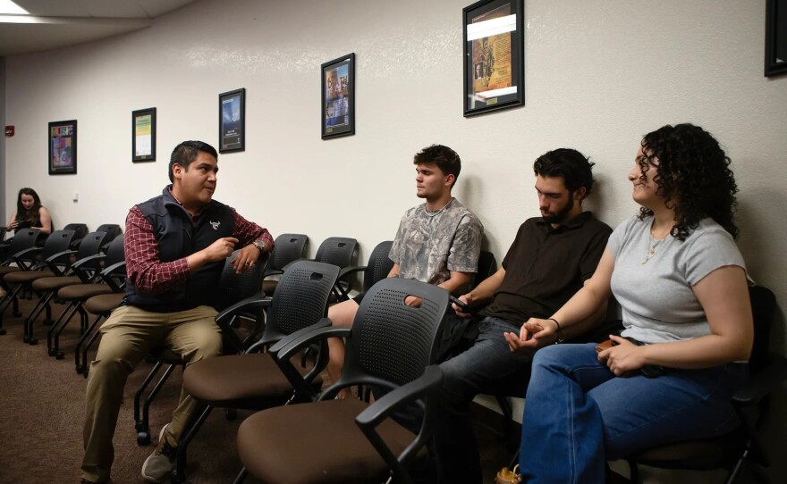 Randy Villegas, a candidate for the 22nd Congressional District, speaks with students before a candidate forum at the Norman Levan Center for the Humanities at Bakersfield College on April 15, 2026.