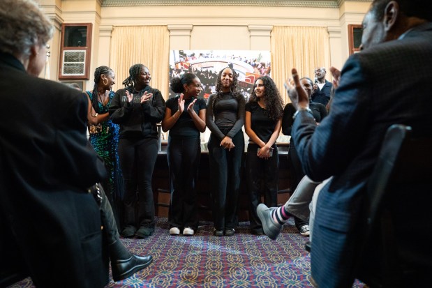 Students from the Oakland School for the Arts show their excitement after being lauded by Actor Delroy Lindo who was honored by mayor Barbara Lee with the key to the city at Oakland City Hall in Oakland, CA on Wednesday, May 6, 2026. Lindo, a longtime Oakland resident is critically acclaimed for his performances on such films as Get Shorty and Sinners, as well as in theater and on television. (Don Feria for Bay Area News Group)
