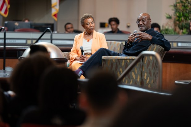 Actor Delroy Lindo, right, is interviewed by mayor Barbara Lee, left, at Oakland City Hall in Oakland, CA on Wednesday, May 6, 2026. Lindo, a longtime Oakland resident is critically acclaimed for his performances on such films as Get Shorty and Sinners, as well as in theater and on television. (Don Feria for Bay Area News Group)