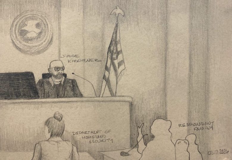 A judge sits at a bench labeled "Judge Kirschner" with an American flag behind; people labeled "Department of Homeland Security" and "Respondent Family" are seated in the courtroom.