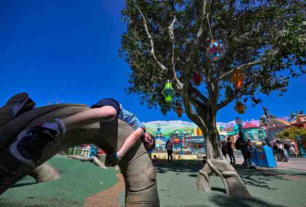 Jacob Ricks, 7, hangs out on one of the roots of the dreaming tree at Mickey's Toontown inside Disneyland Park in Anaheim, CA, on Saturday, March 18, 2023. (Photo by Jeff Gritchen, Orange County Register/SCNG)