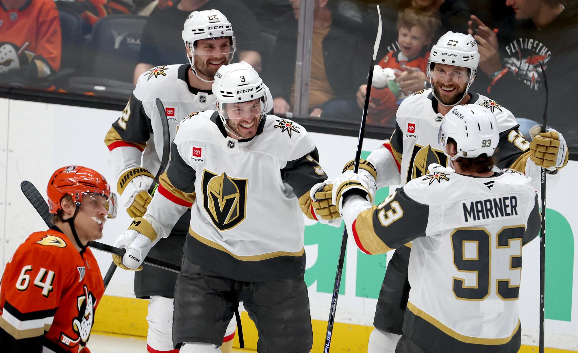 Vegas players celebrate after a goal against the Ducks in Game 3 of the Western Conference semifinals.