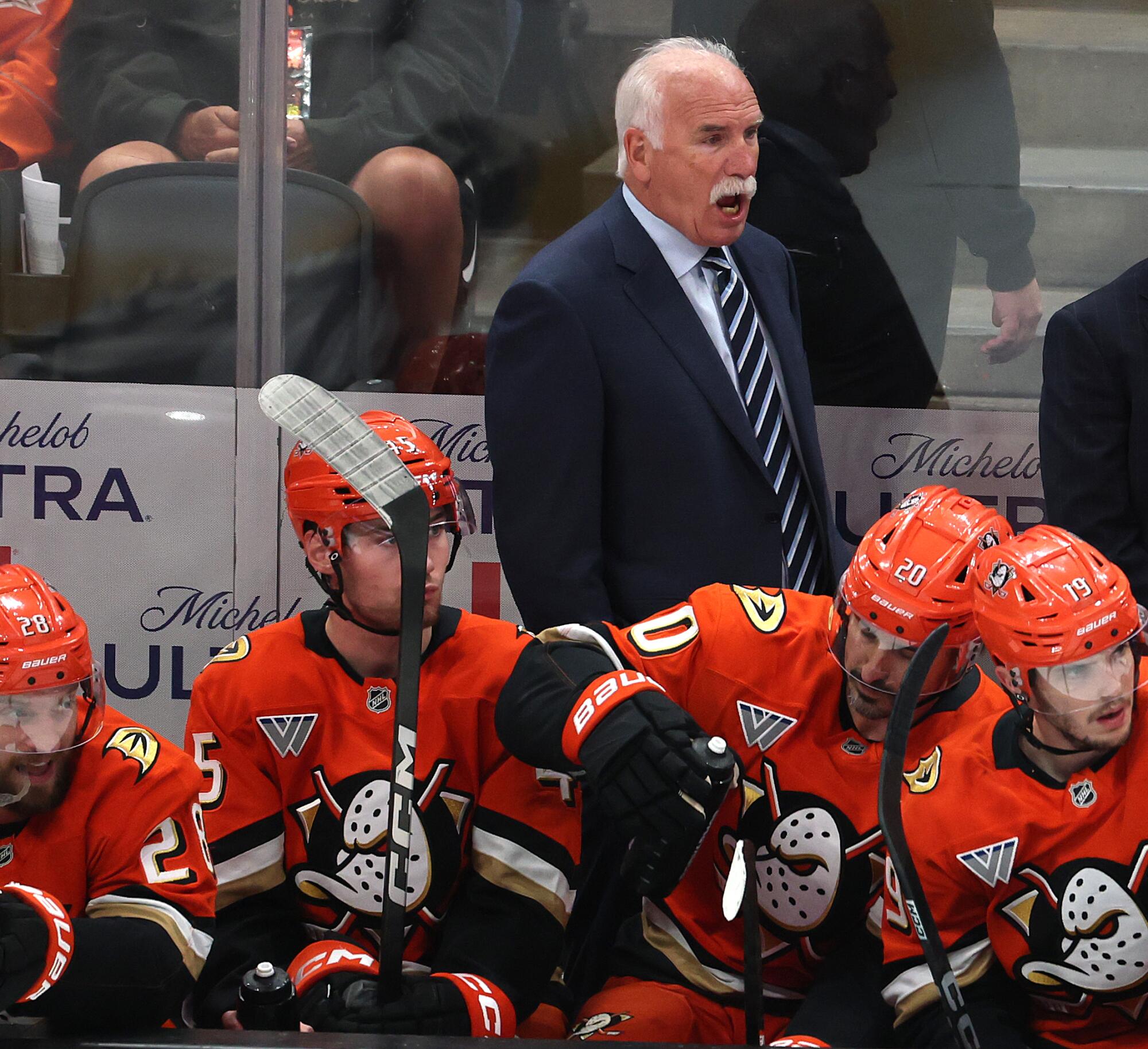 Ducks coach Joel Quenneville shouts from the bench during the team's 6-2 loss to the Vegas Golden Knights on Friday.