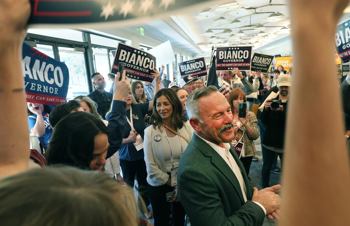 California gubernatorial candidate Chad Bianco greets supporters