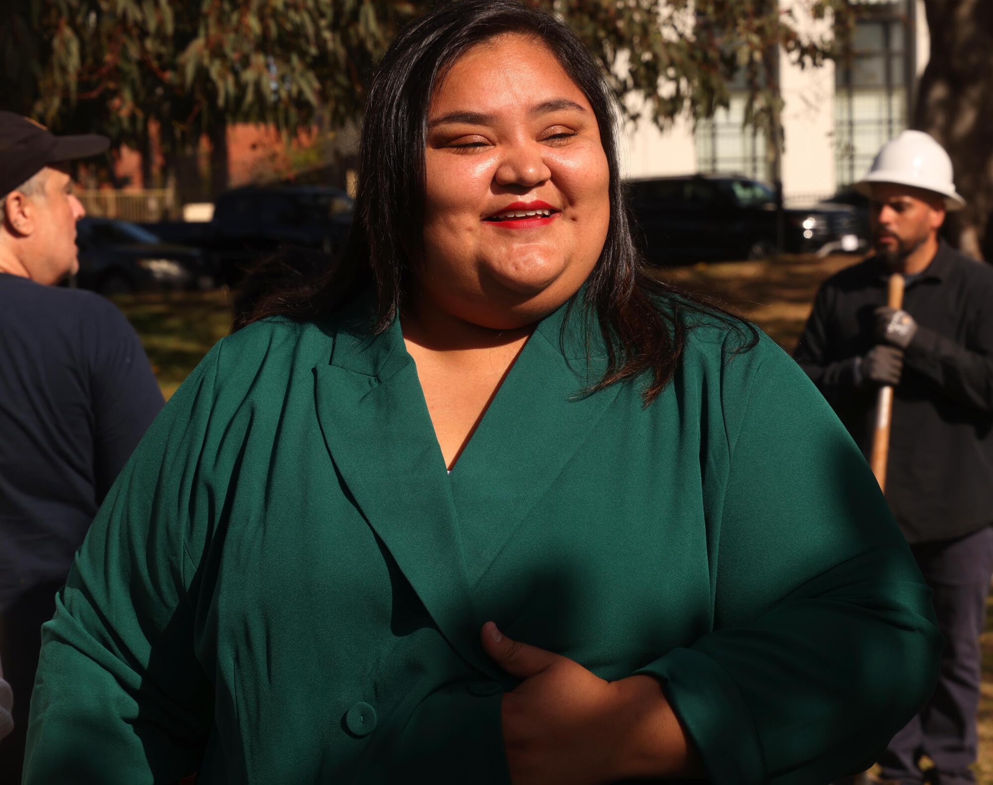 Los Angeles City Councilmember Eunisses Hernandez smiles after conducting a news conference in MacArthur Park on April 22.