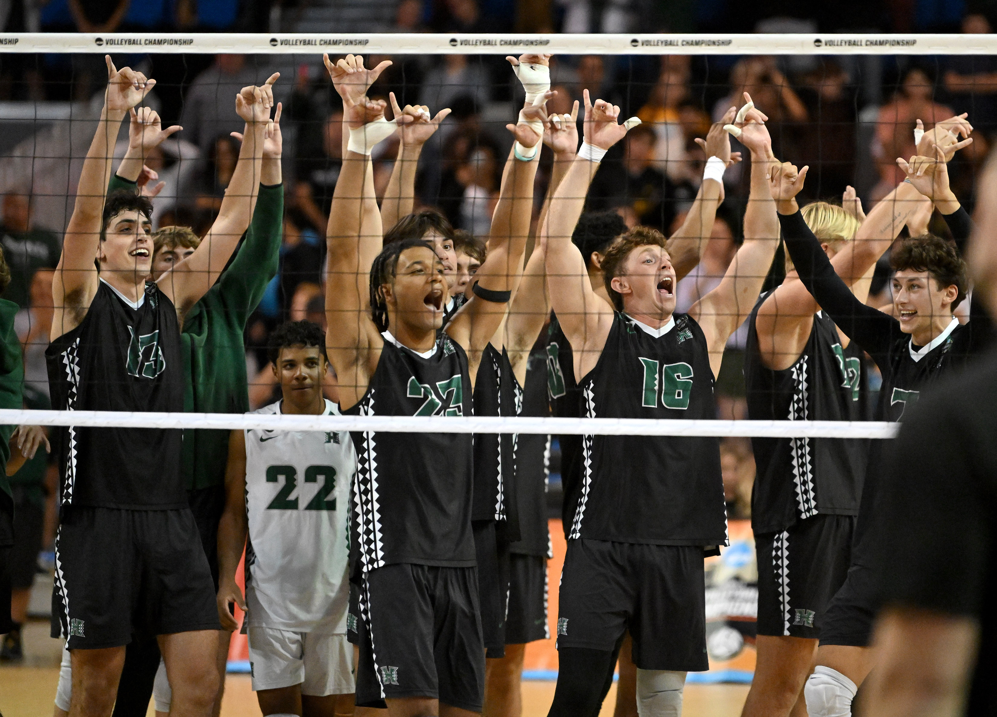 Hawaii players celebrate their win against Long Beach State in...