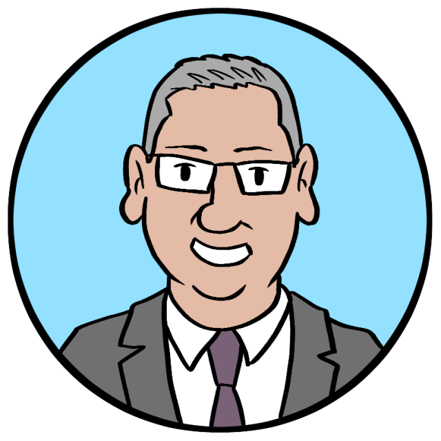 Cartoon illustration of a man with short gray hair, glasses, and a suit with a tie, smiling against a blue circular background.