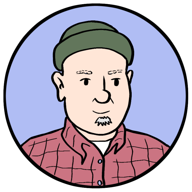 Cartoon illustration of a person wearing a green beanie and a red plaid shirt, shown from the shoulders up against a light purple background.