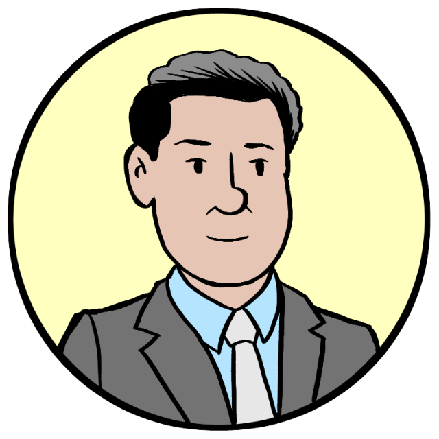 Cartoon illustration of a man with short dark hair wearing a gray suit, blue shirt, and white tie, shown in a circular frame with a light yellow background.