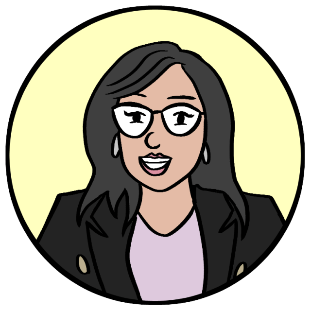 Cartoon illustration of a woman with long dark hair, glasses, and earrings, wearing a blazer over a light-colored top, set against a yellow circular background.