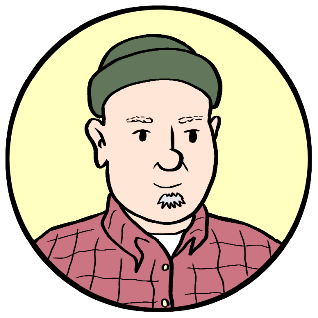 Cartoon illustration of a man wearing a green beanie and a red plaid shirt, shown from the shoulders up, with a neutral facial expression.