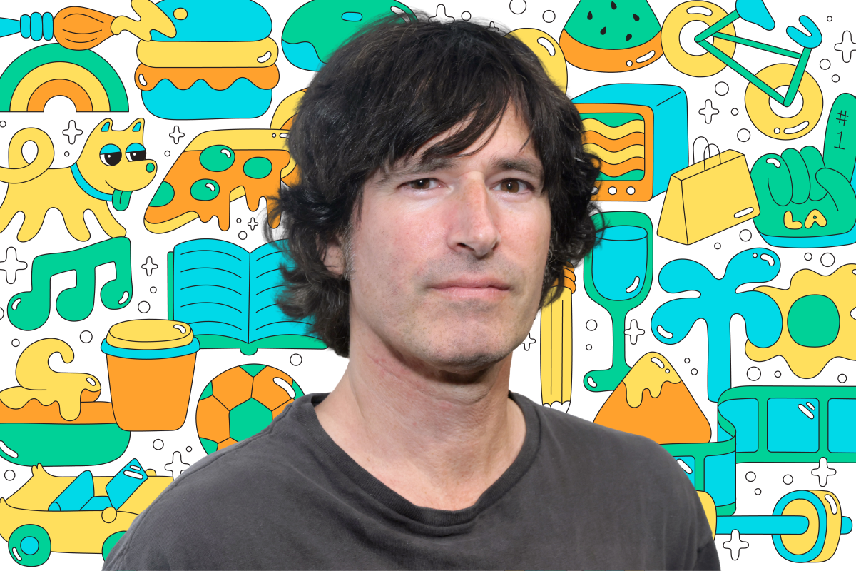 Photo of a person on a background of colorful illustrations like a book, dog, pizza, TV, shopping bag, and more