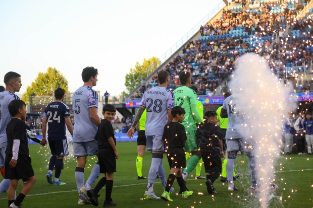 The San Jose Earthquakes walk onto the field before a game against the Vancouver Whitecaps at PayPal Park in San Jose, Calif., on Saturday, May 9, 2026.  (Shae Hammond/Bay Area News Group)