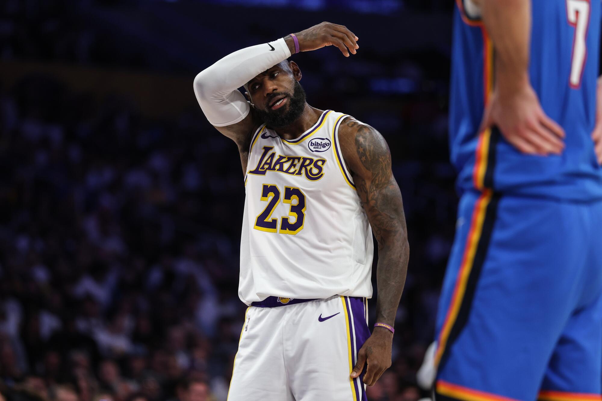 Lakers star LeBron James plays against the Thunder in Game 3 of the Western Conference semifinals on Saturday.
