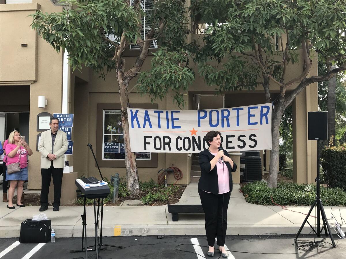 Democratic candidate Katie Porter speaks to volunteers