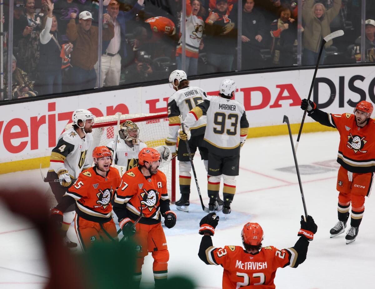 Ducks forward Alex Killorn, second left, celebrates with teammates after scoring against the Vegas Golden Knights.