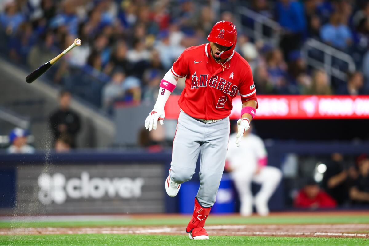 Oswald Peraza celebrates after hitting a two-run home run for the Angels.