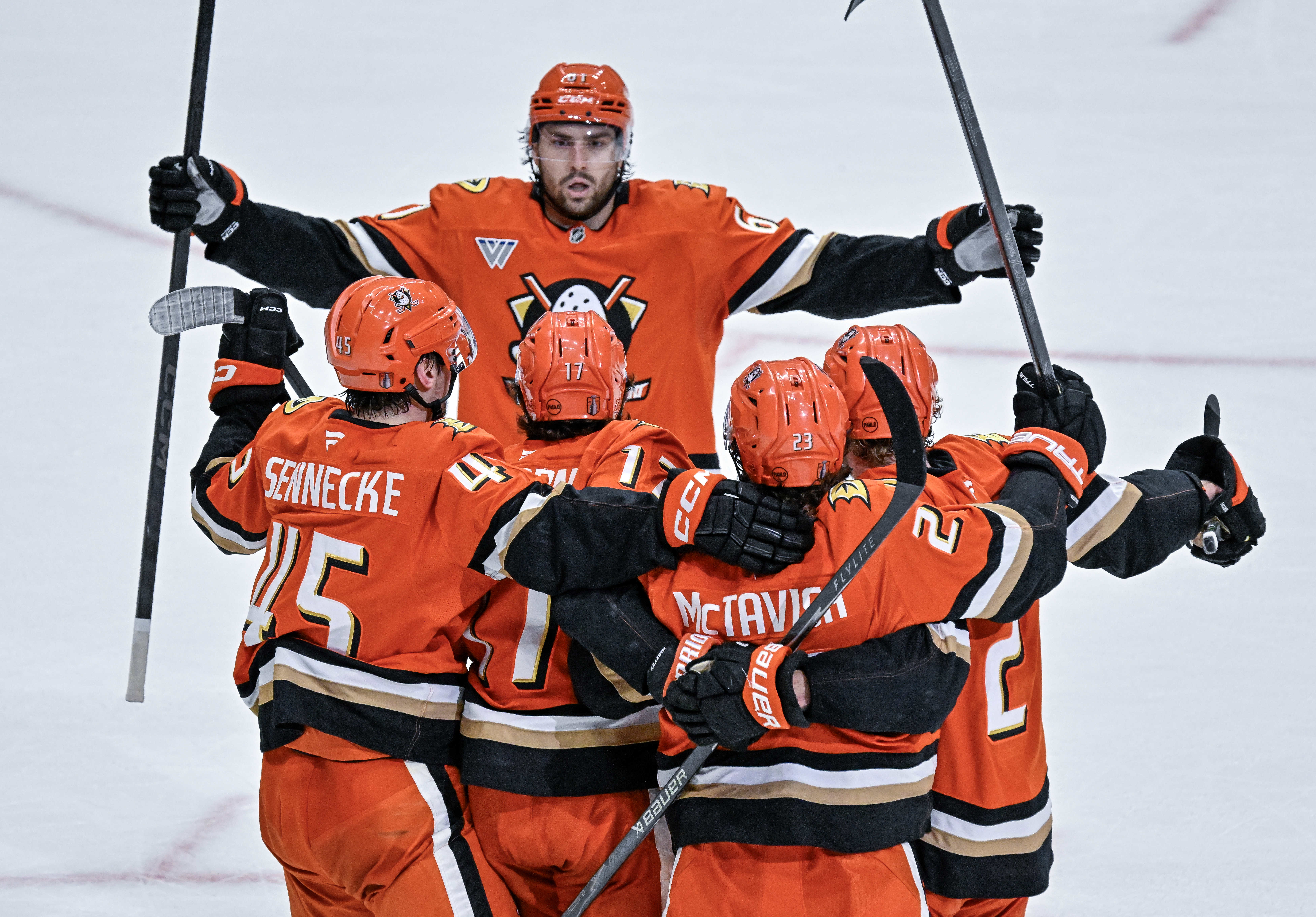 The Ducks celebrate a goal by Alex Killorn (17) during...