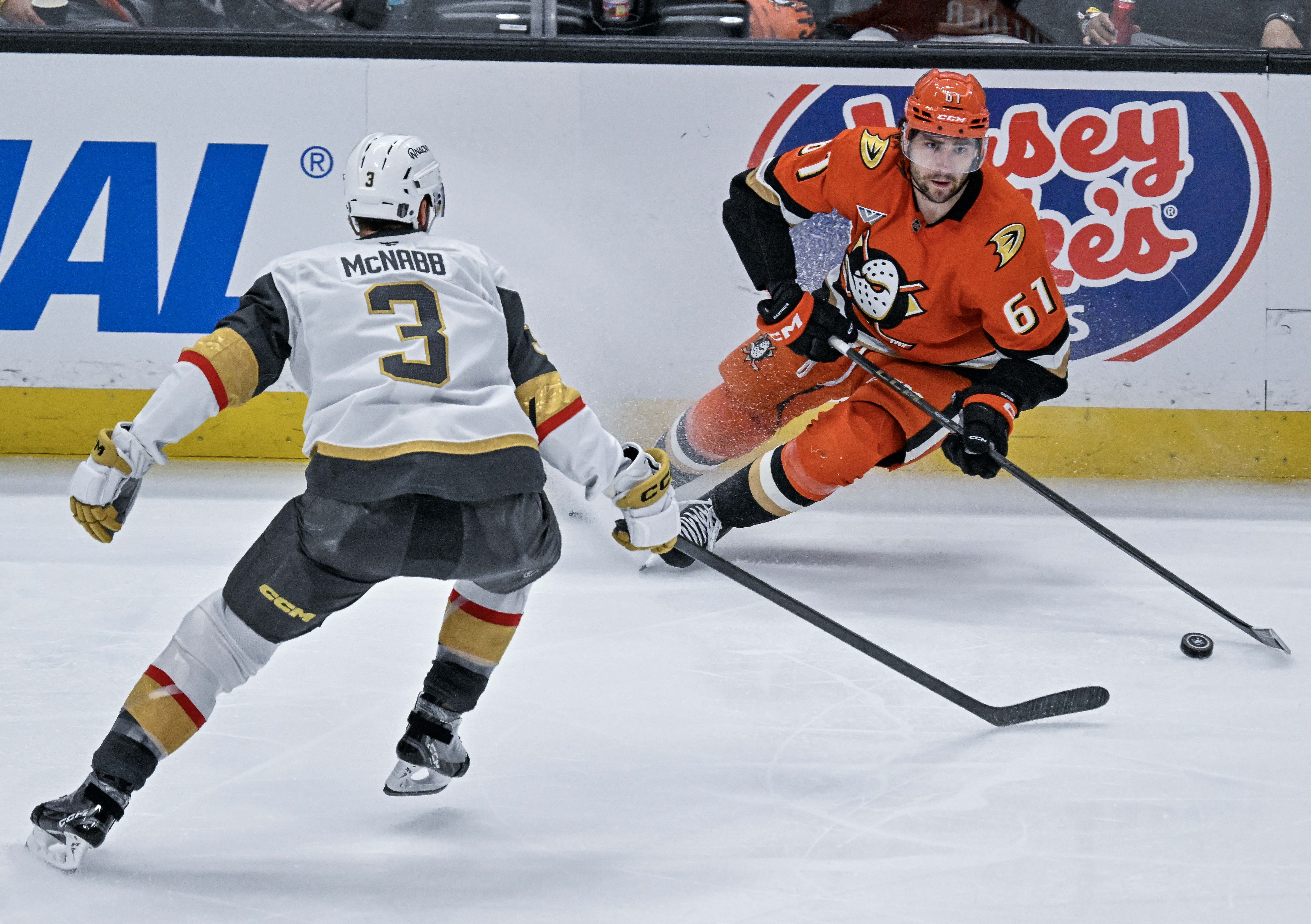 The Ducksâ Cutter Gauthier (61) controls the puck during the...