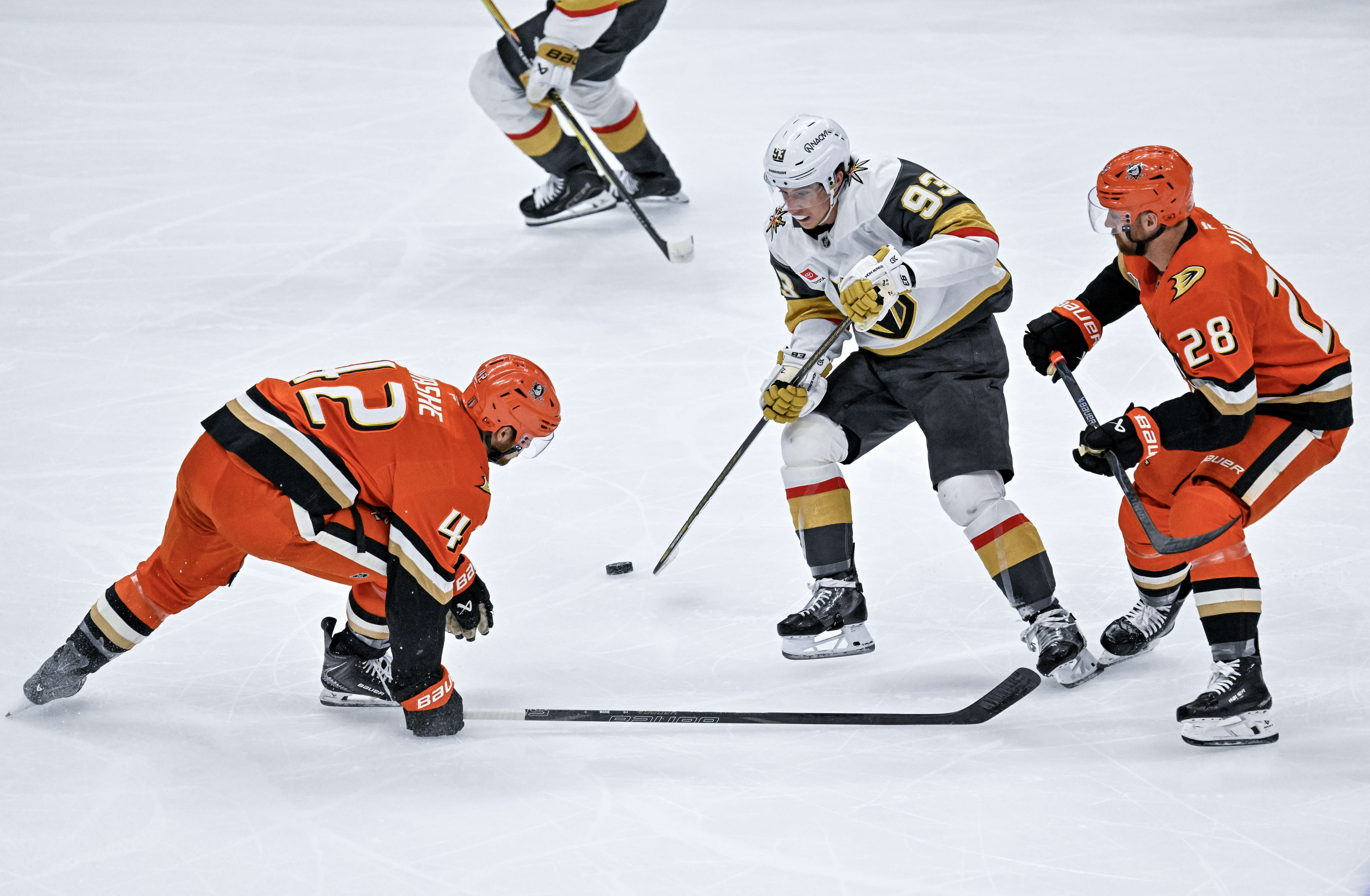 The Golden Knightsâ Mitch Marner (93) controls the puck during...