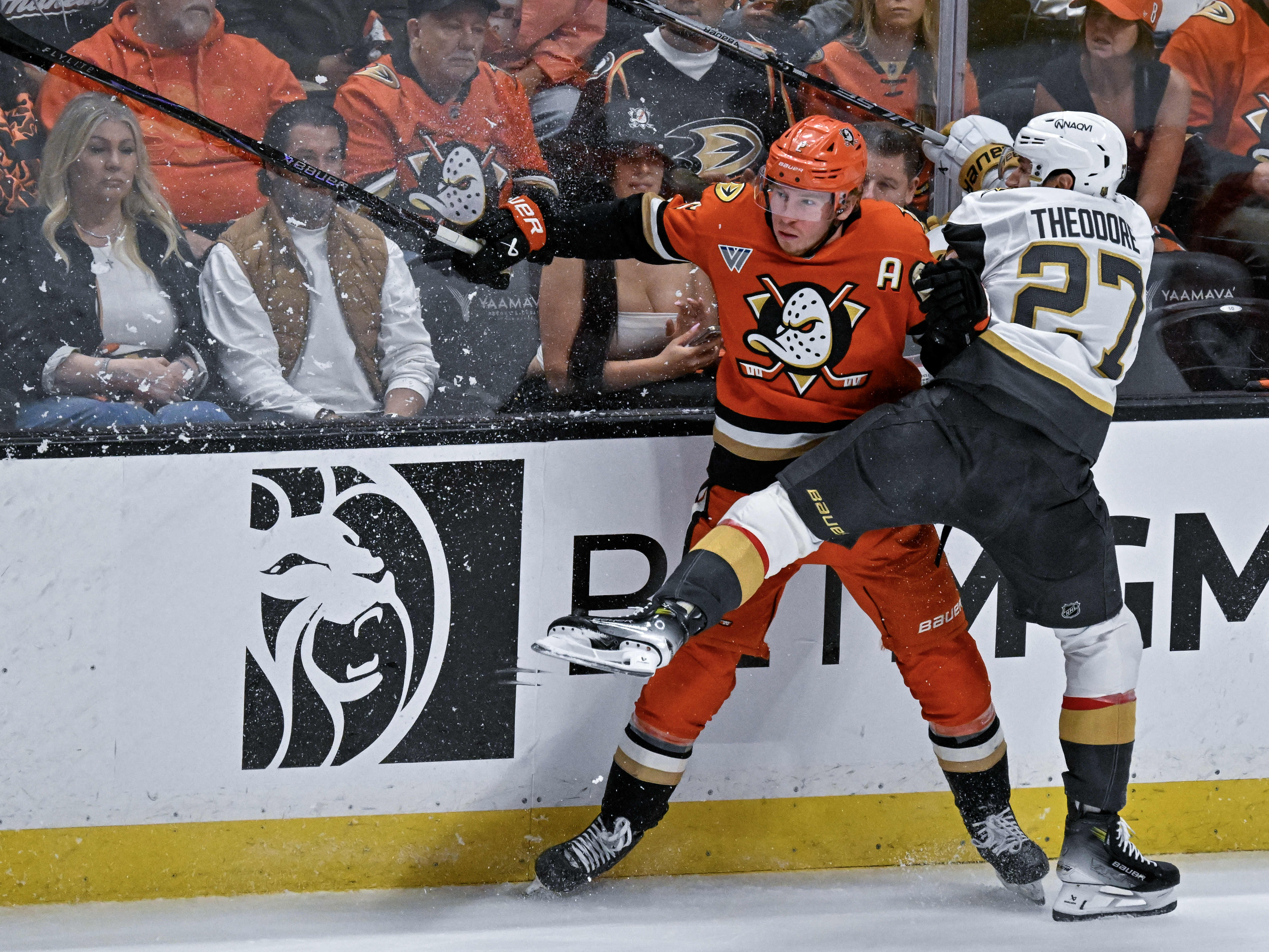 The Ducksâ Jackson LaCombe (2), left, and the Golden Knightsâ...
