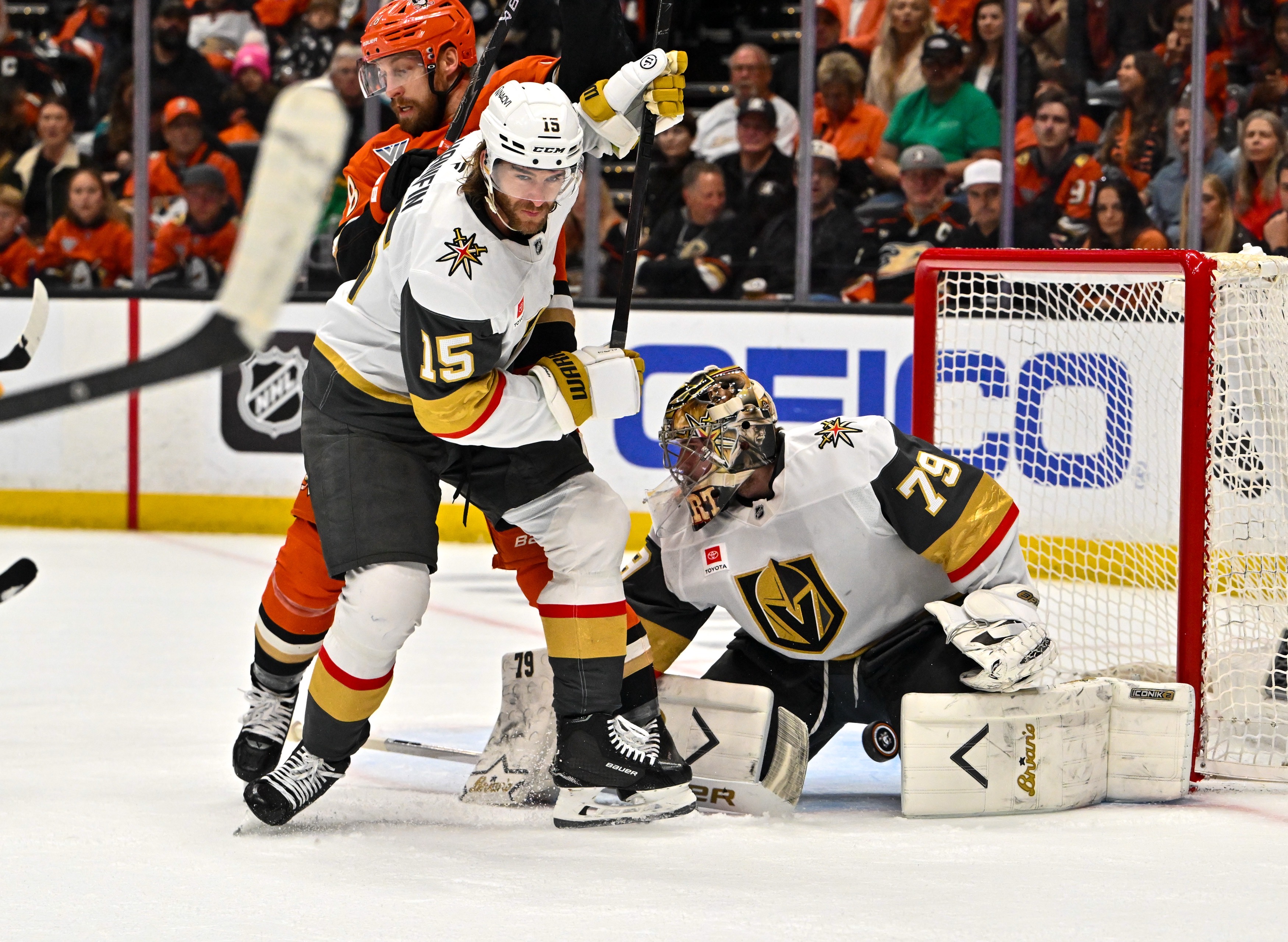 The Vegas Golden Knightsâ Carter Hart (79) and Noah Hanifin...