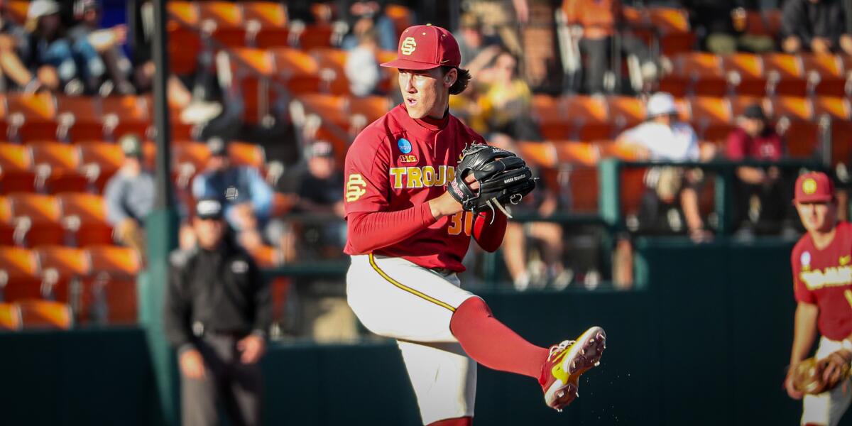 USC pitcher Mason Edwards throws the ball from the mound against Saint Mary's during the Corvallis Regional in 2025.