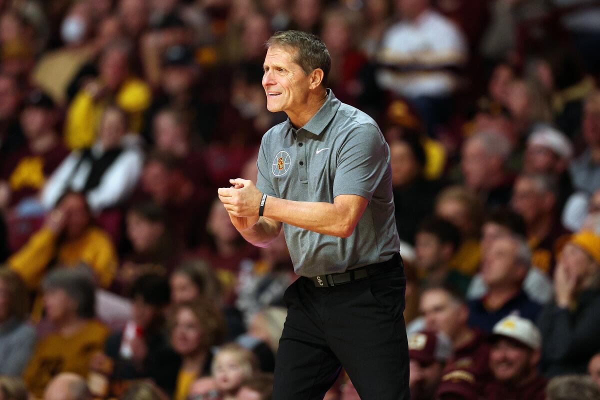 USC coach Eric Musselman directs his team during a game against the Minnesota Golden Gophers on Jan. 9.