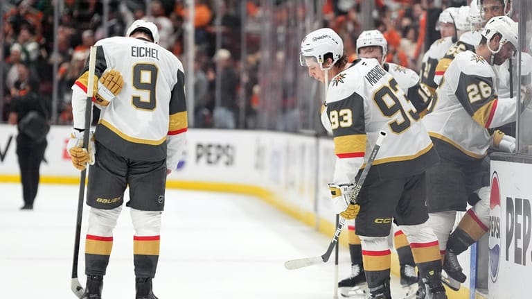 Vegas Golden Knights' Jack Eichel (9) and Mitch Marner (93)...