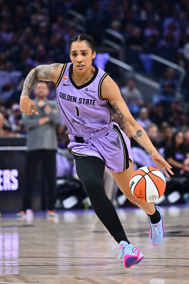 Golden State Valkyries forward Gabby Williams (1) dribbles the ball against the Phoenix Mercury in the first quarter of their WNBA game at Chase Center in San Francisco, Calif., on Sunday, May 10, 2026. (Jose Carlos Fajardo/Bay Area News Group)