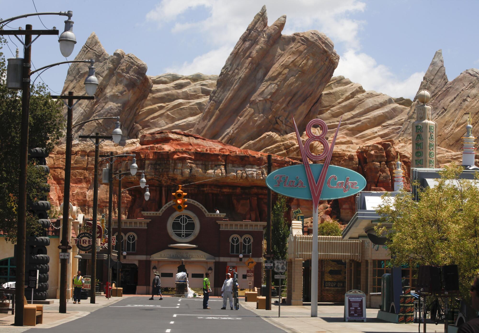 A theme park mountain range with a street inspired by Route 66. 