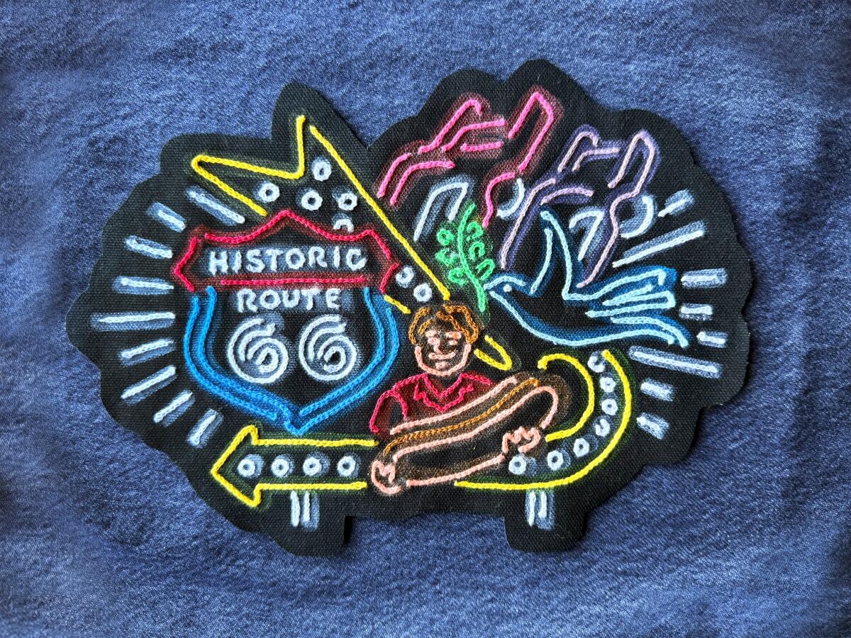 Embroidered patch of Route 66 neon signage, Muffler Man, Cadillac Ranch