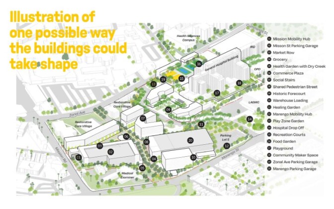 A digital illustration of a map showing multiple points and text on the top left that reads "Illustartion of one possible way the buildings take shape."