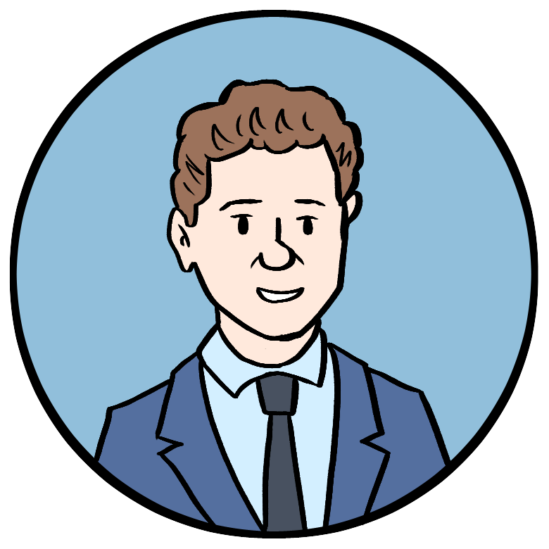Cartoon illustration of a man with short brown hair wearing a blue suit, light shirt, and dark tie, shown from the shoulders up inside a circular frame with a light yellow background.