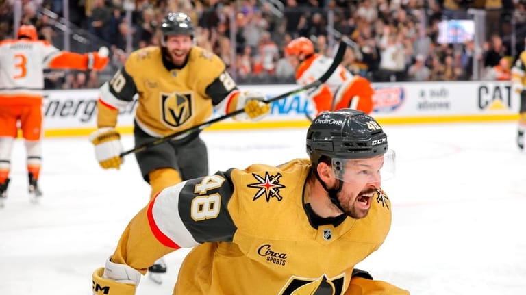 Vegas Golden Knights center Tomas Hertl (48) celebrates after scoring...