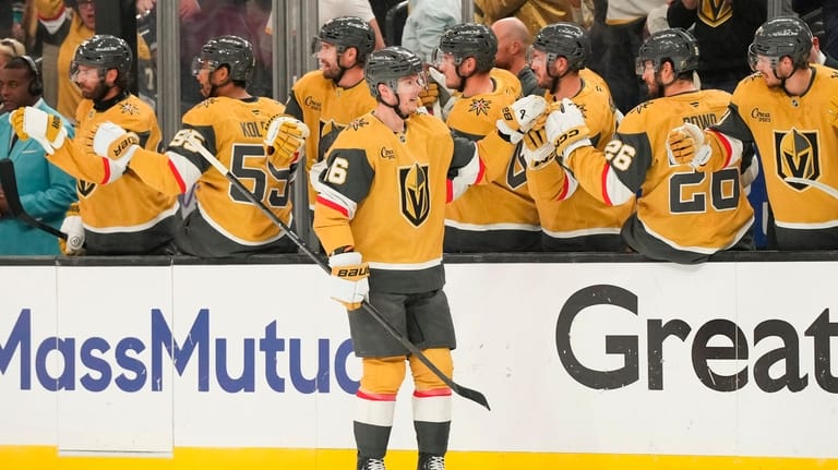 Vegas Golden Knights right wing Pavel Dorofeyev (16) celebrates his...
