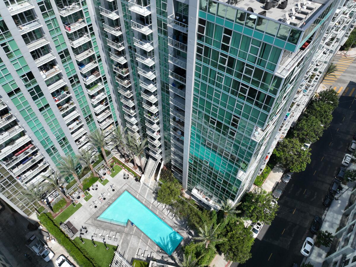 An aerial view of the Vue, a 16-story rental complex in San Pedro.