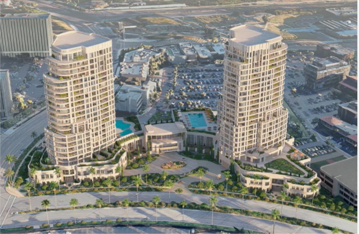 A screenshot of the conceptual rendering for  residential towers at a Newport Beach site.