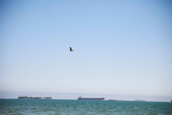 Two container ships pictured in the distance