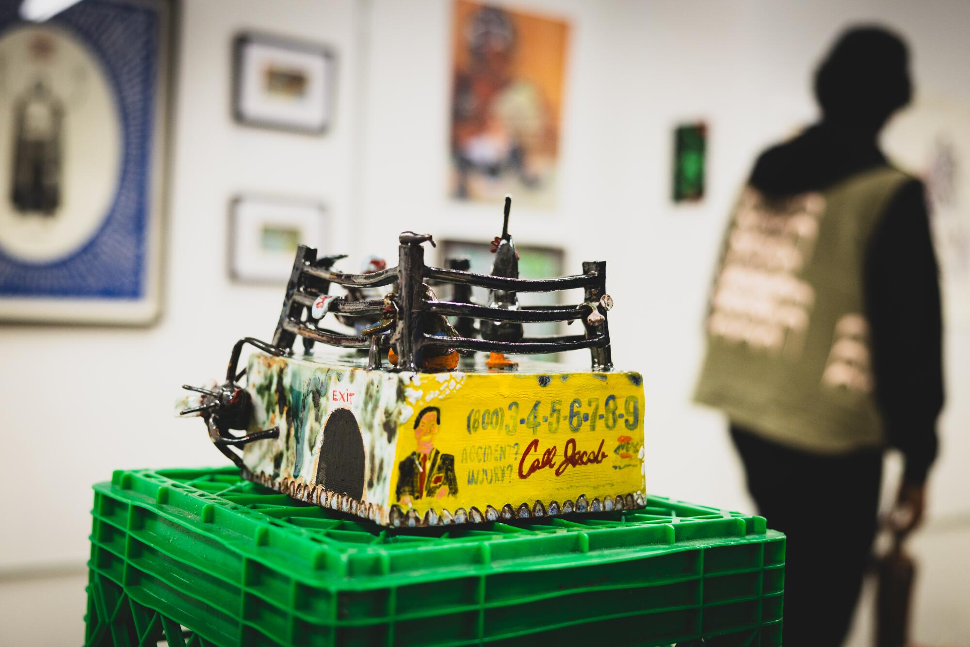 A sculpture in the art gallery at the Lucha Libre Art Show on Sunday, May 3, 2026, in Los Angeles.