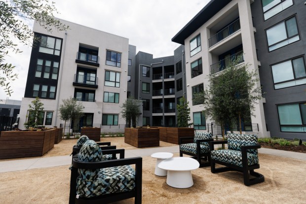 The courtyard of the VAYA apartment complex in the Millenia community of Otay Ranch, as seen in early May. (Kristian Carreon / The San Diego Union-Tribune)
