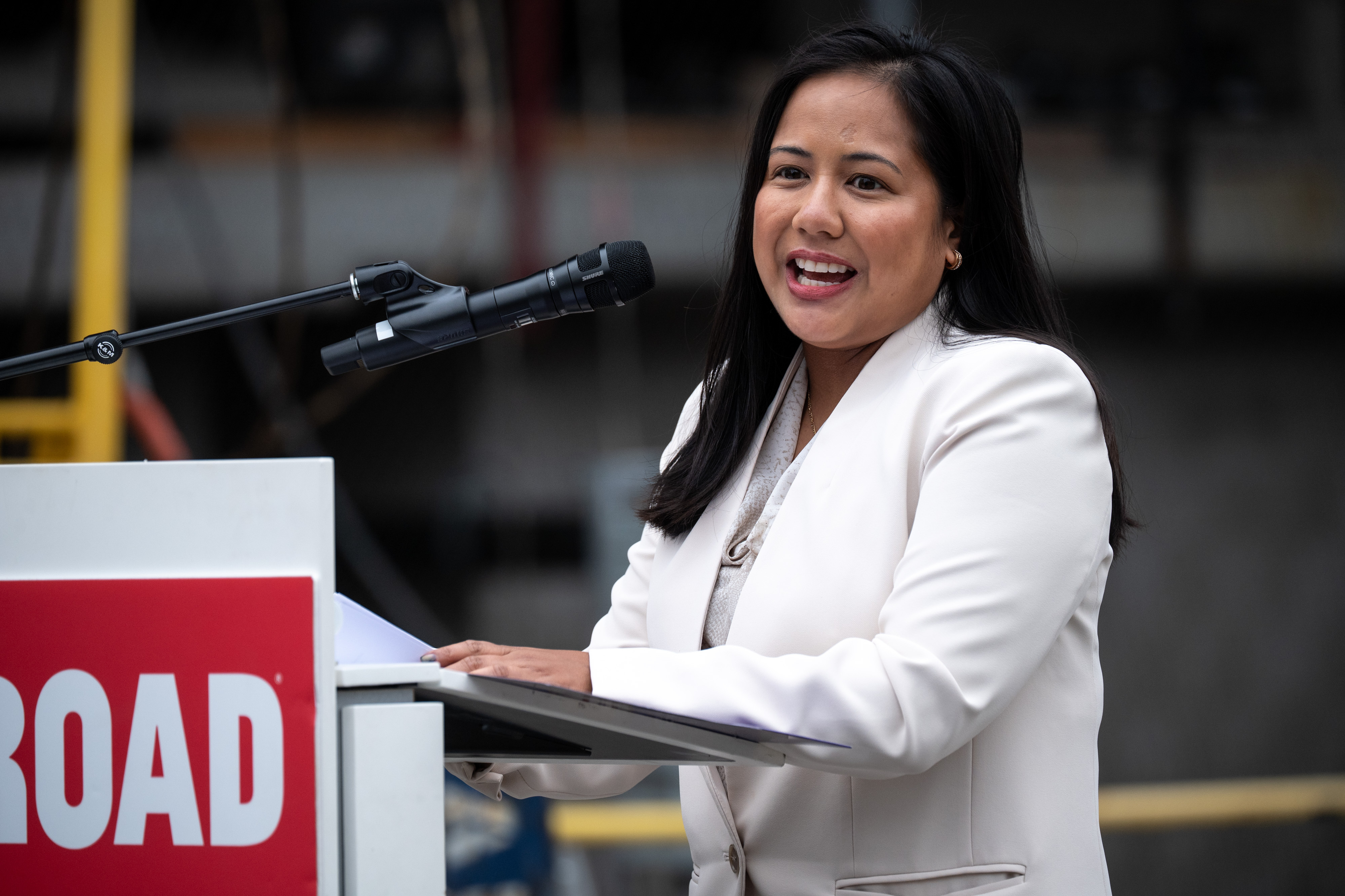 Councilmember Ysabel Jurado speaks at the topping out ceremony of...