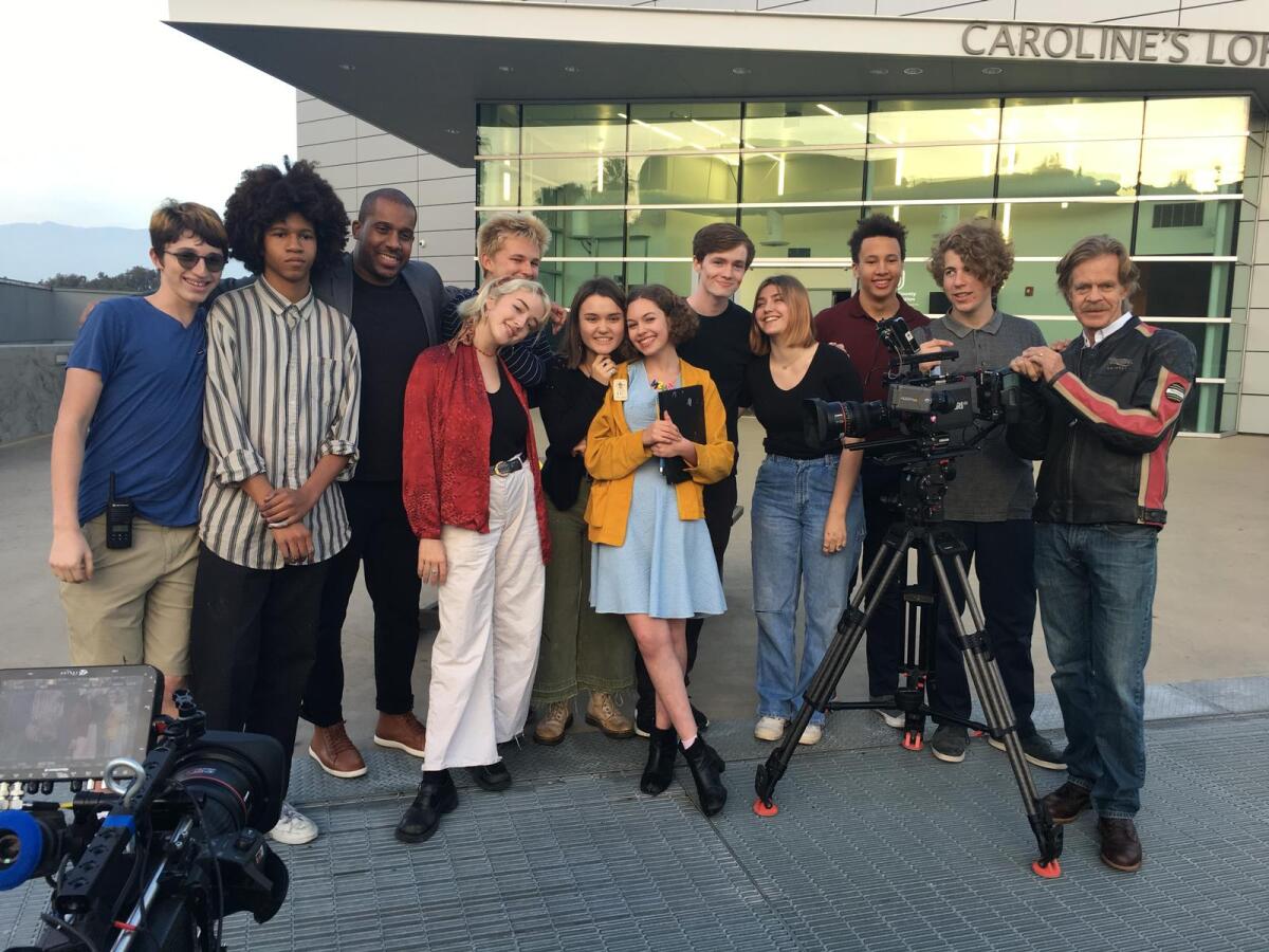 Drew McClelland (second from right) with students from LACHSA's Cinematic Arts Program and actor William H. Macy (far right).