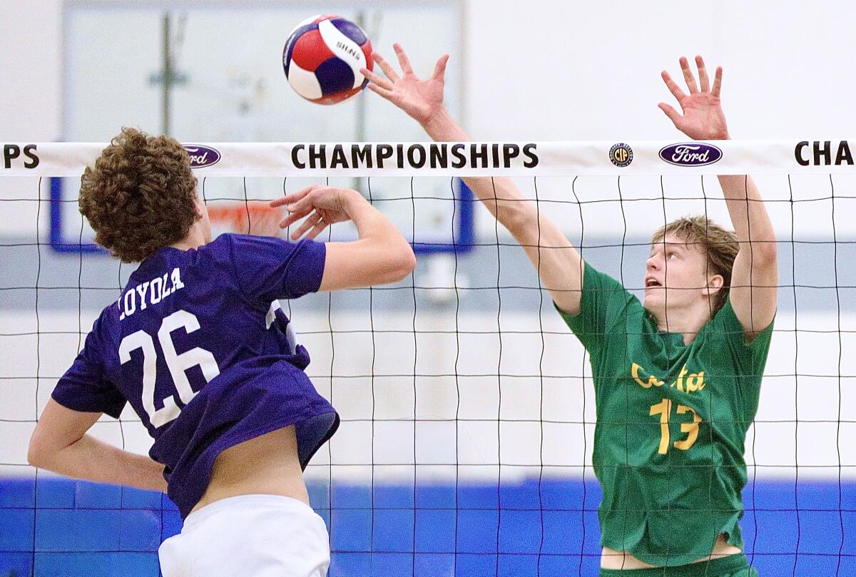 Loyola’s Brendan Maffel flings the ball past Mira Costa blocker Miles Crotty.