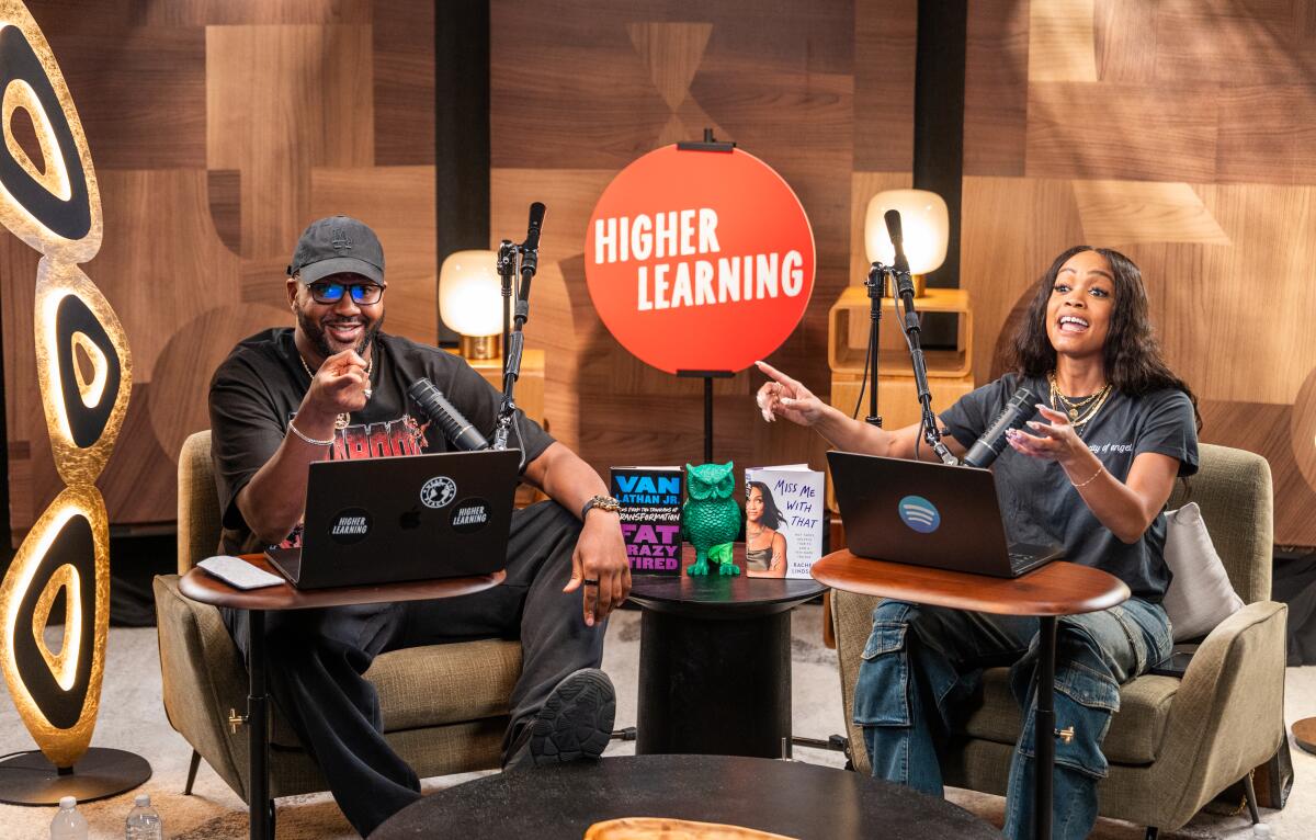 Van Lathan and Rachel Lindsay record their podcast at Spotify's Sycamore Studios.